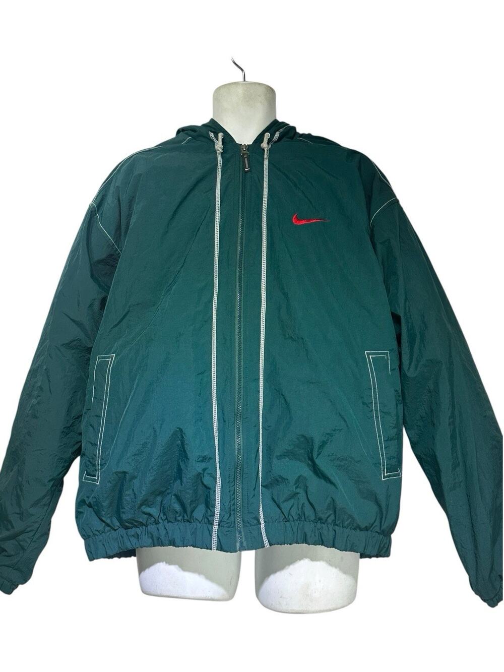 Vintage Nike Men’s Size XL Teal Hooded Windbreaker Jacket Red Swoosh 90s